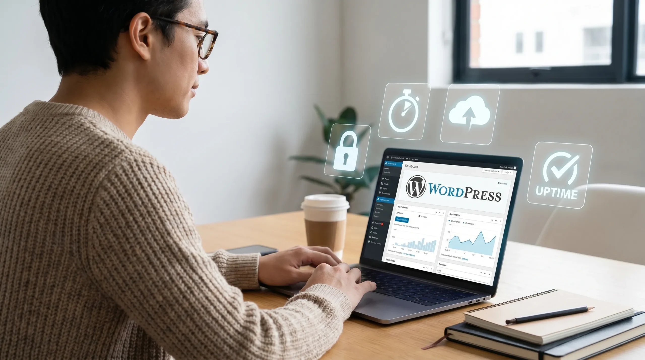 Een beheerder controleert rustig de technische gezondheid van een WordPress-website met symbolen voor beveiliging, snelheid, backups en uptime rondom de website.
