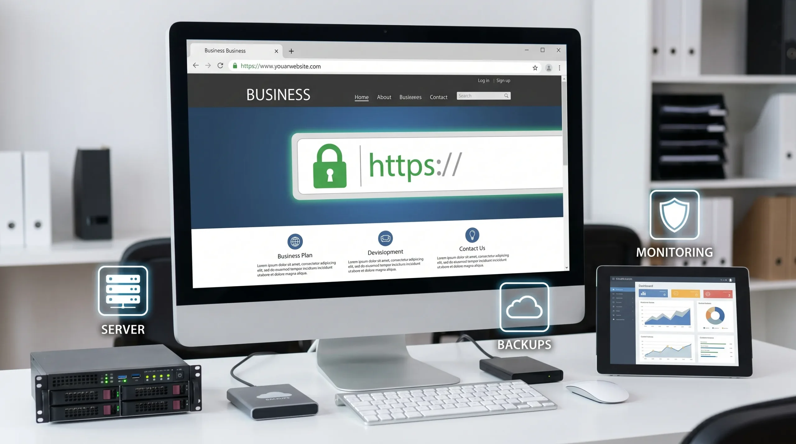 Een beveiligde WordPress-website met sloticoon, server, back-ups en monitoring als overzichtelijke visuele elementen rond een zakelijke website.