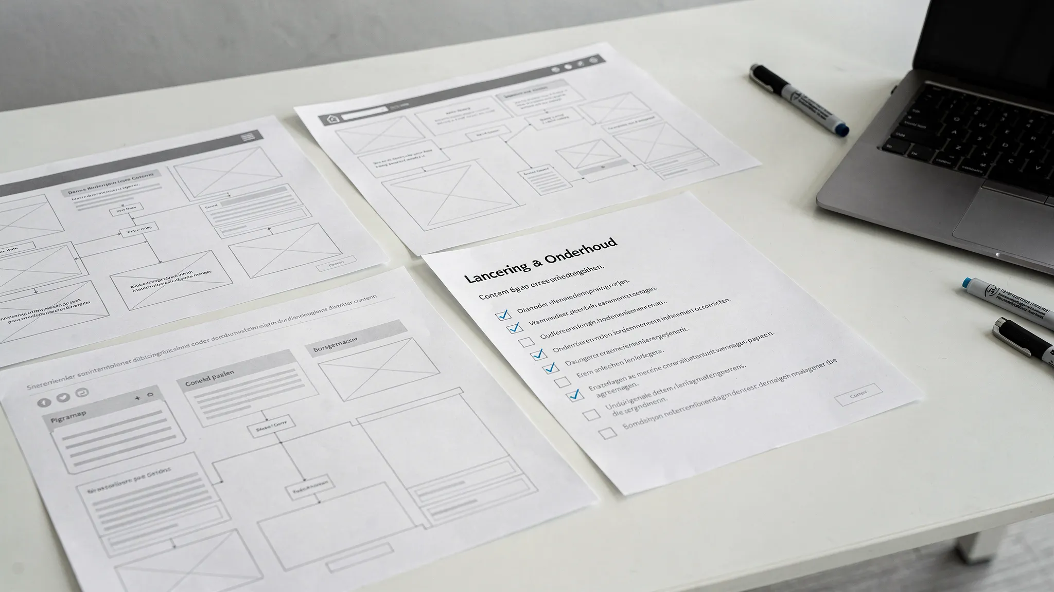 Een bureau met geprinte wireframes, een sitemap op papier, een checklist voor lancering en onderhoud, en een laptop half in beeld. De focus ligt op planning en structuur zonder zichtbare scherminhoud.