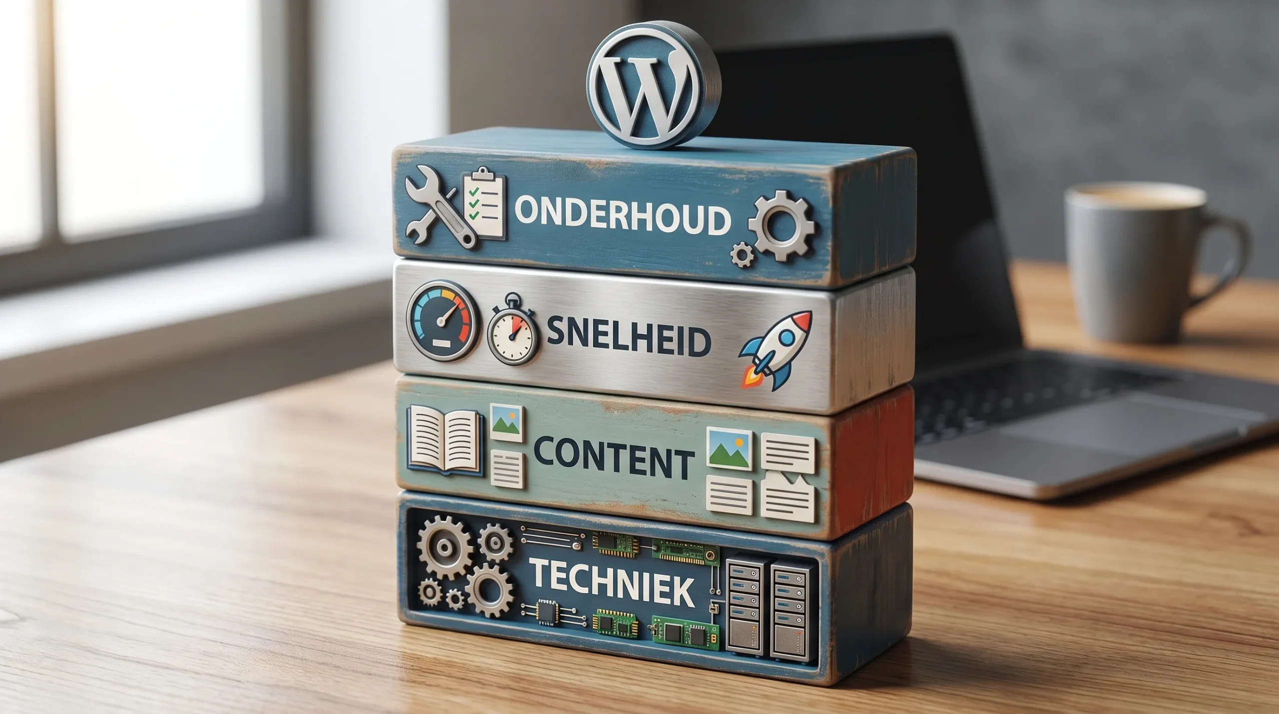 Een compacte illustratie van een WordPress-website opgebouwd uit vier bouwblokken: techniek, content, snelheid en onderhoud.