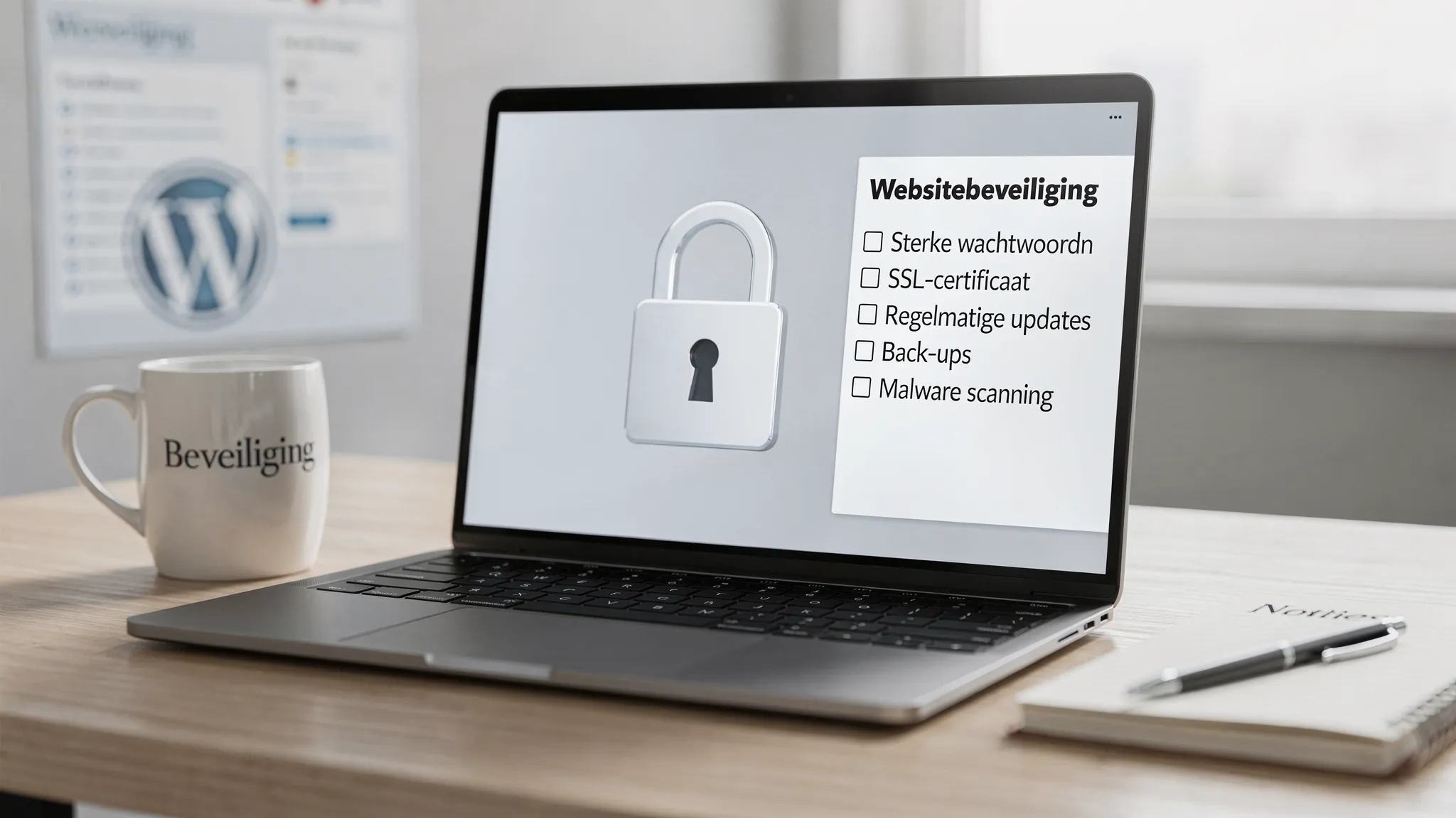 Een laptop op een bureau met een zichtbaar sloticoon, een checklist voor websitebeveiliging en subtiele WordPress-elementen op de achtergrond.