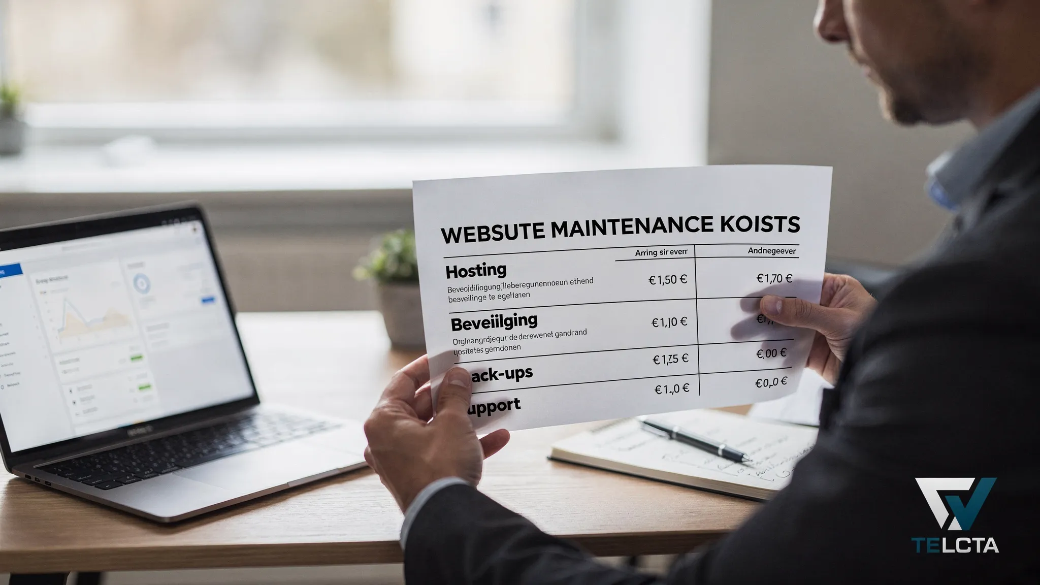 Een ondernemer bekijkt een overzicht van website onderhoudskosten, met categorieën zoals hosting, beveiliging, updates, back-ups en support op een bureau naast een laptop en notitieblok.