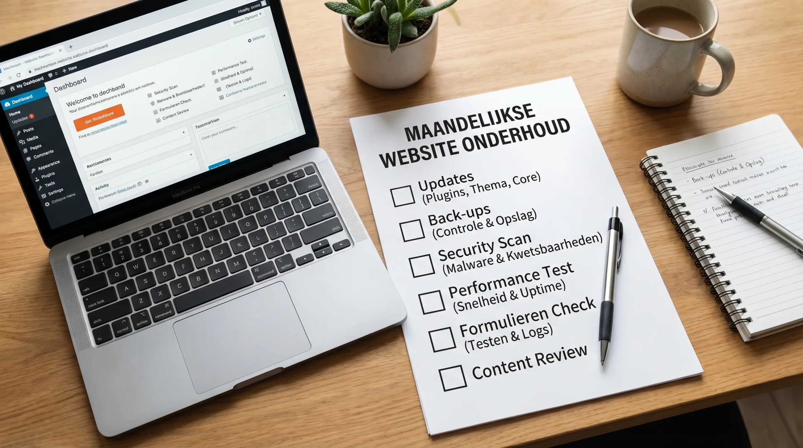 Een overzichtelijke maandelijkse website onderhoud checklist op een bureau, met items zoals updates, back-ups, security scan, performance test en formulieren check, naast een laptop en notitieblok.
