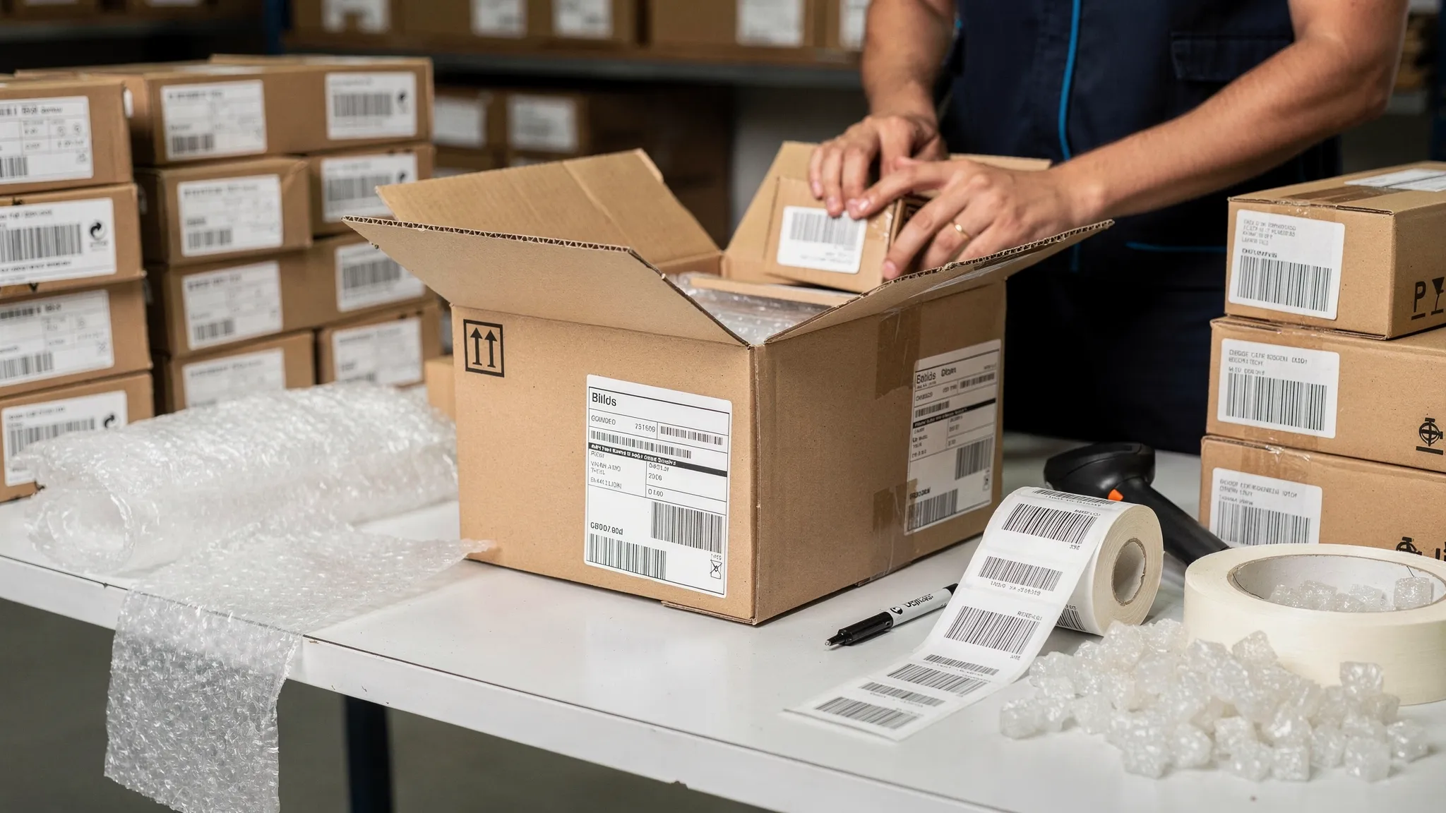 Een pakket wordt klaargemaakt voor verzending aan een inpaktafel, met productdozen, verzendetiketten en verzendmateriaal in beeld.