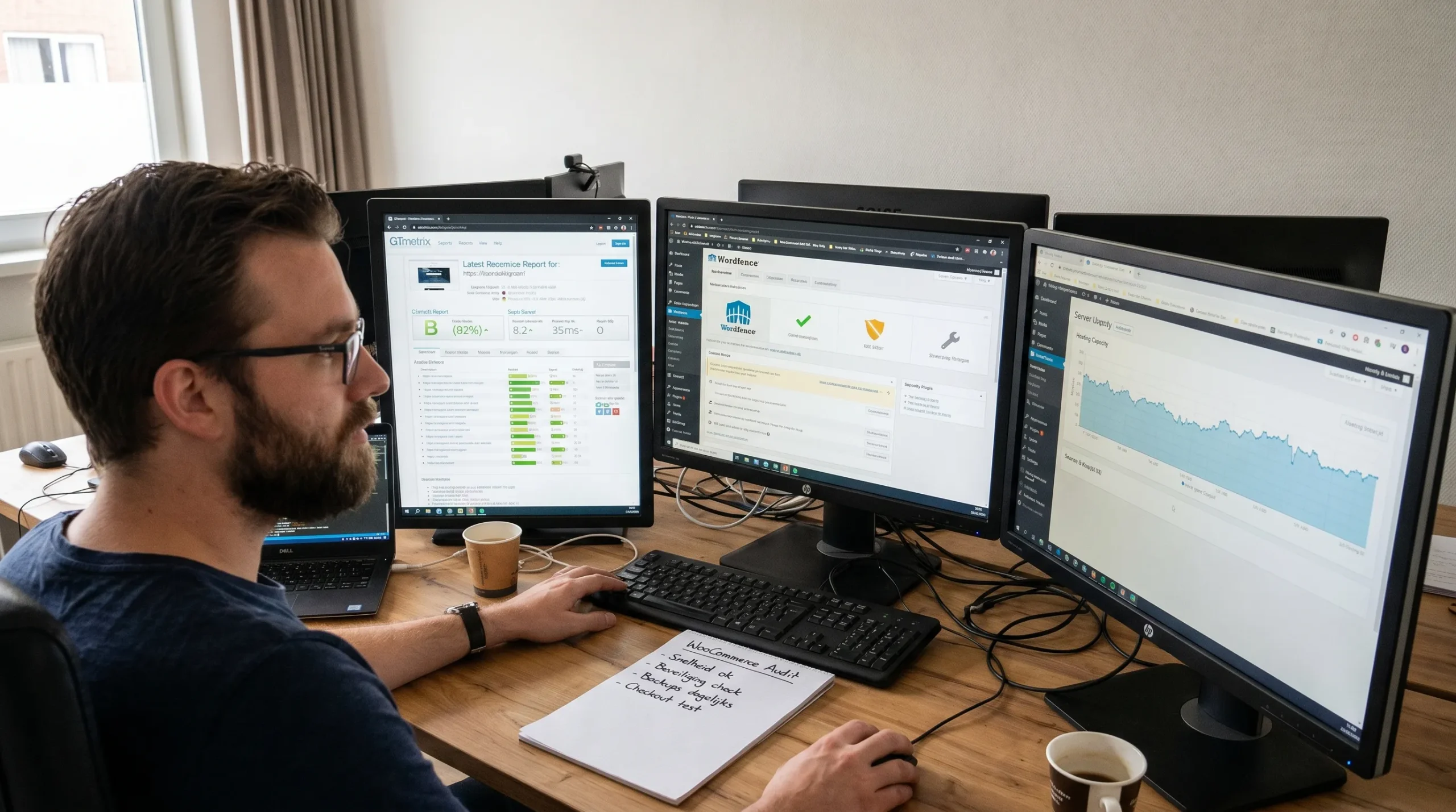 Een WooCommerce webshop wordt technisch gecontroleerd met aandacht voor snelheid, beveiliging, backups, checkout en hostingcapaciteit.