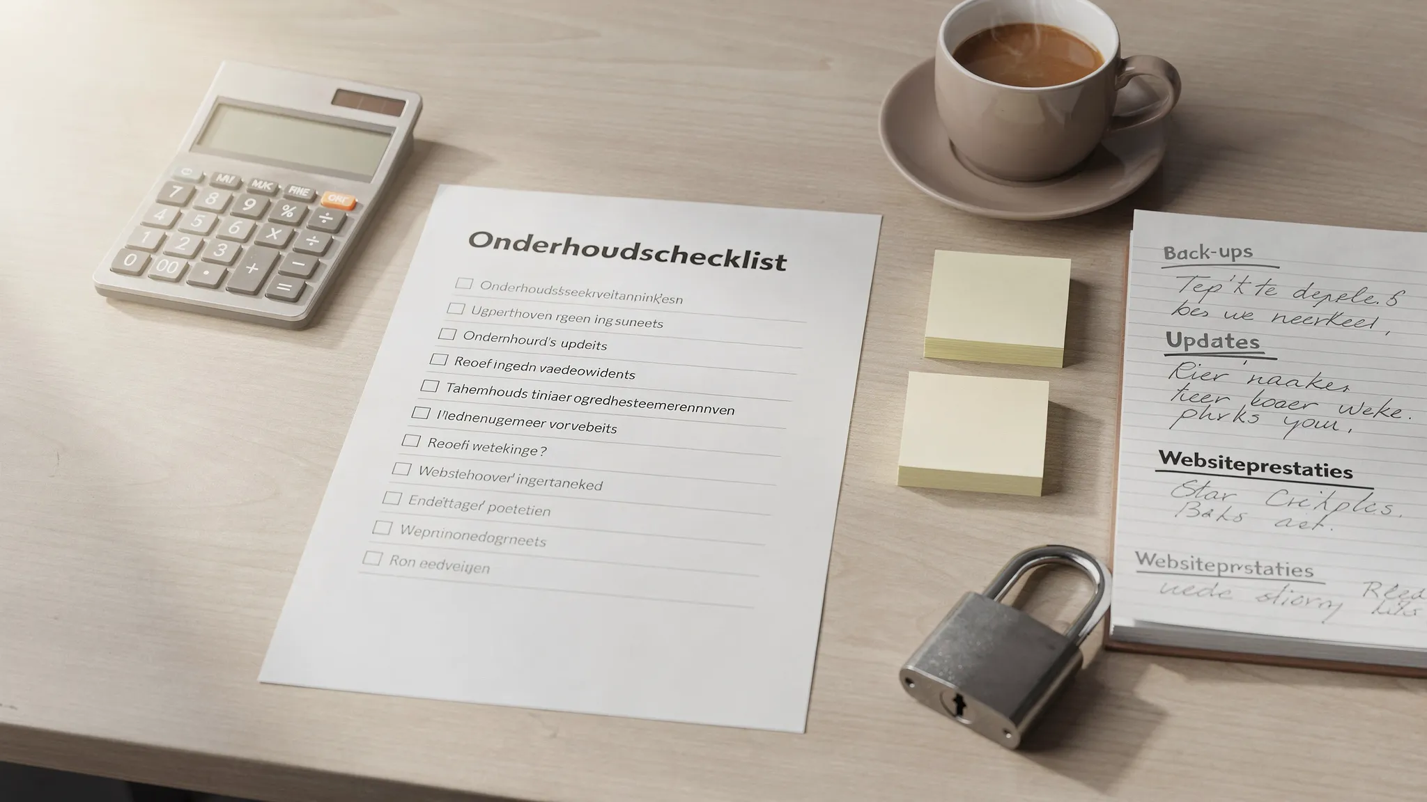 Een zakelijke werkplek met een onderhoudschecklist, rekenmachine, koffiekop en een klein beveiligingsslot naast notities over backups, updates en websiteprestaties.