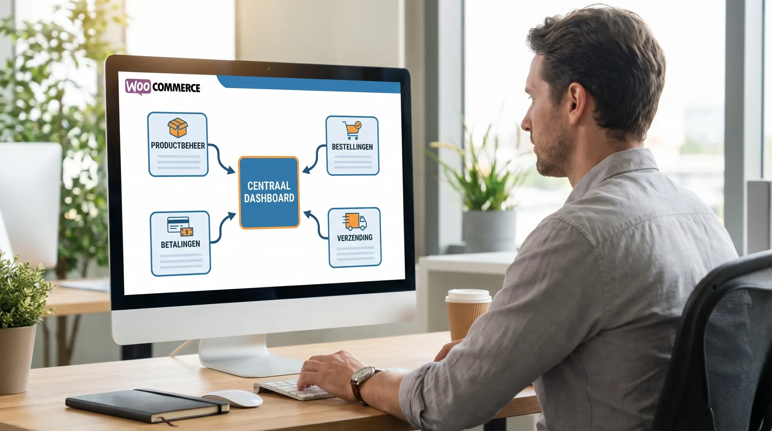 Overzichtelijke illustratie van een WooCommerce webshopomgeving met productbeheer, bestellingen, betalingen en verzending als vier blokken die samenkomen in een centraal dashboard.