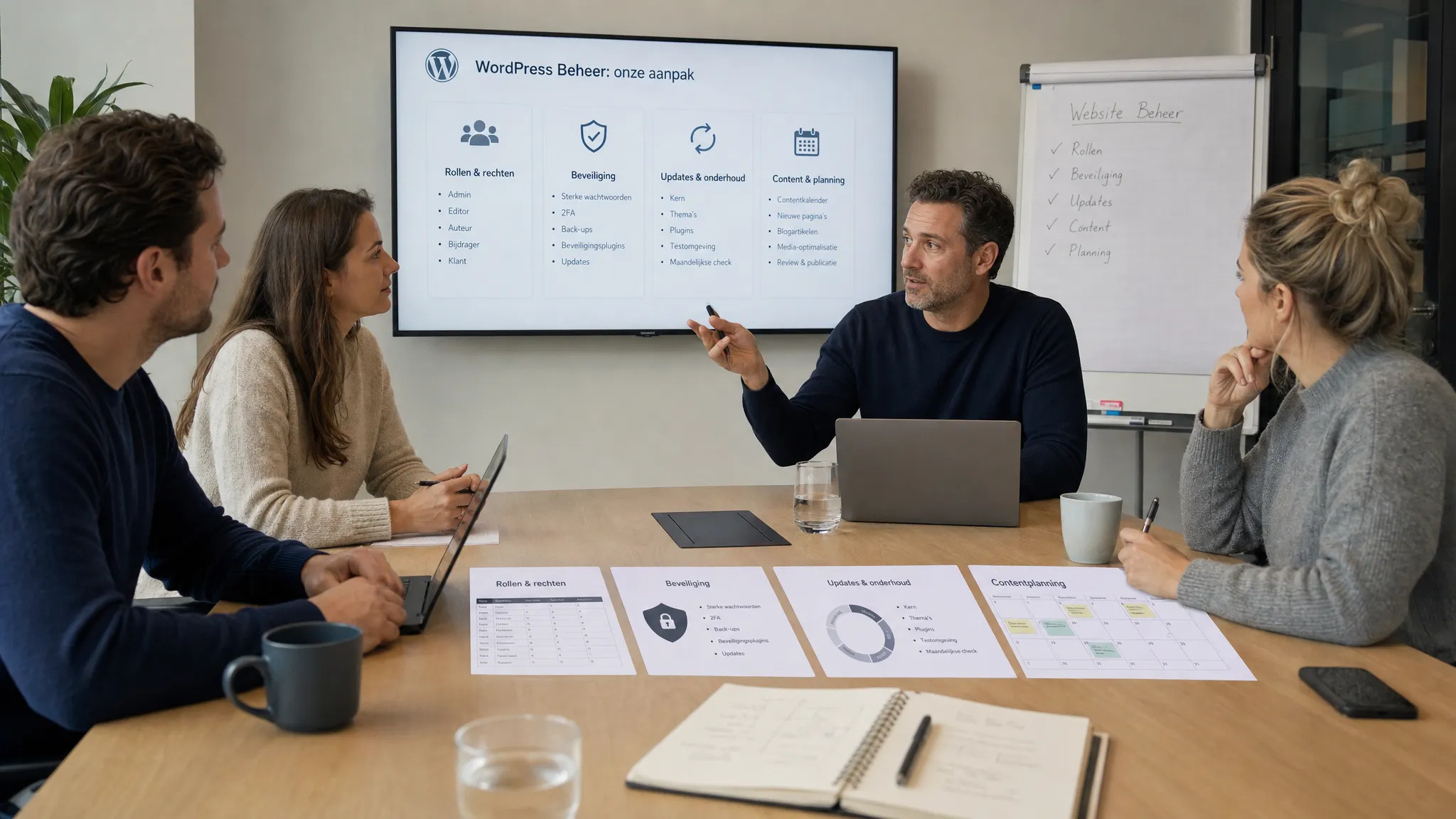 Een mkb-team bespreekt aan een vergadertafel het beheer van een zakelijke WordPress-website, met documenten over rollen, beveiliging, updates en contentplanning.