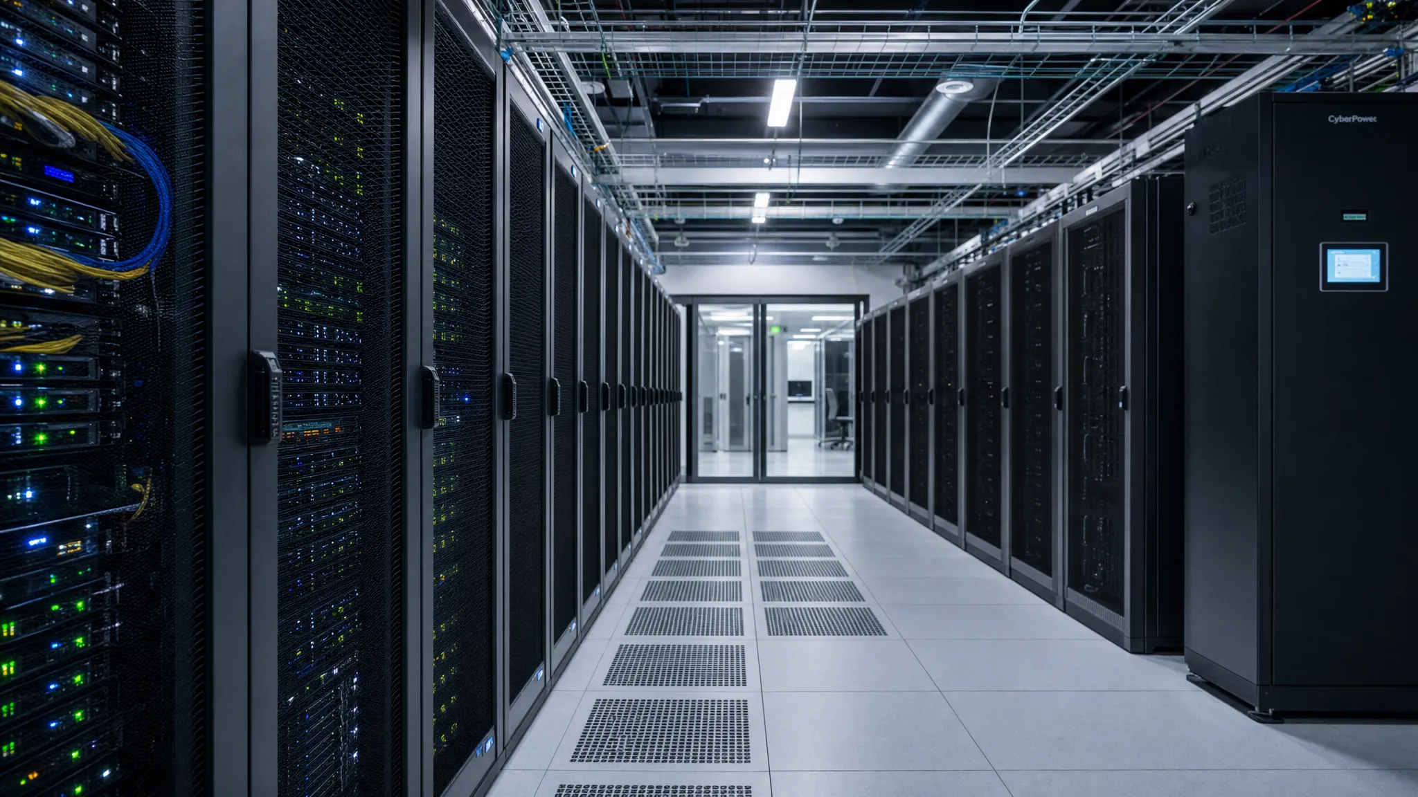 Een moderne serverruimte met beveiligde racks, koeling en netwerkverbindingen die de technische basis van snelle en betrouwbare website hosting visualiseren.