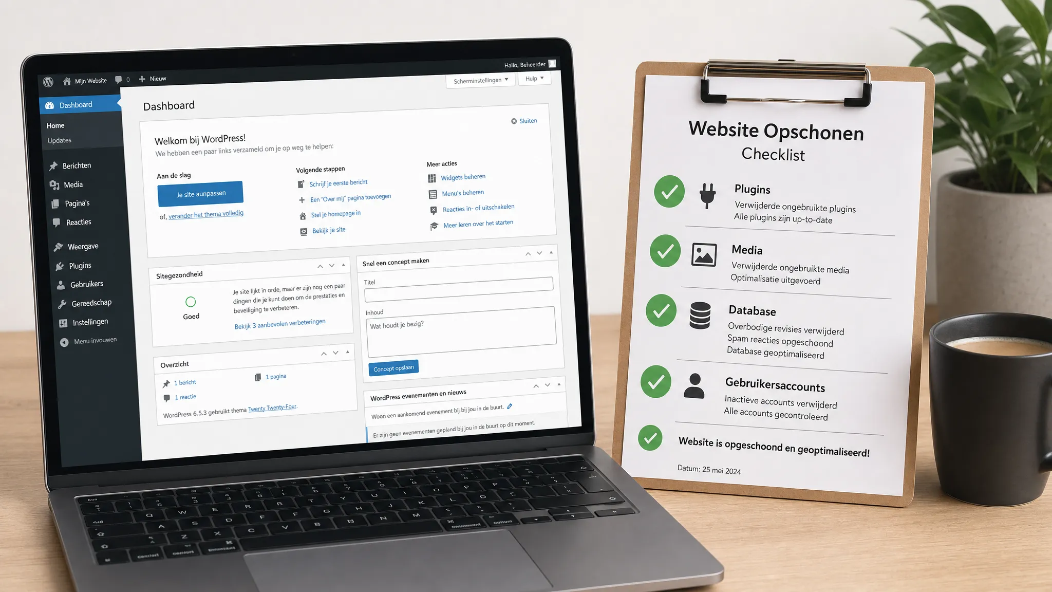 Een overzichtelijk WordPress-dashboard naast een checklist met opgeschoonde onderdelen zoals plugins, media, database en gebruikersaccounts.